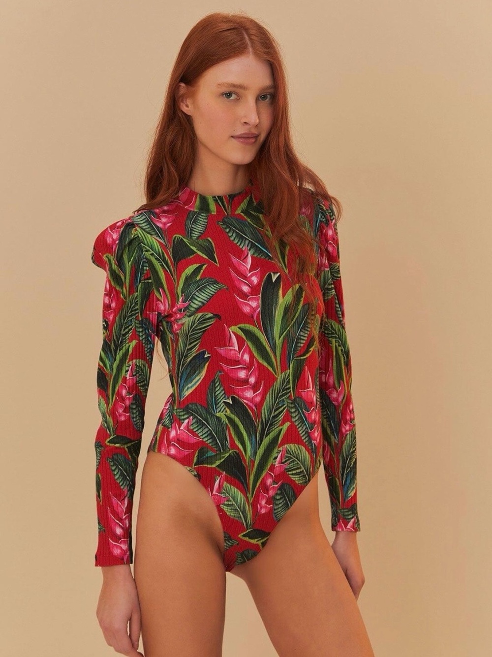 FARM Rio Dotted Forest Red Ribbed Long Sleeve Bodysuit Size M